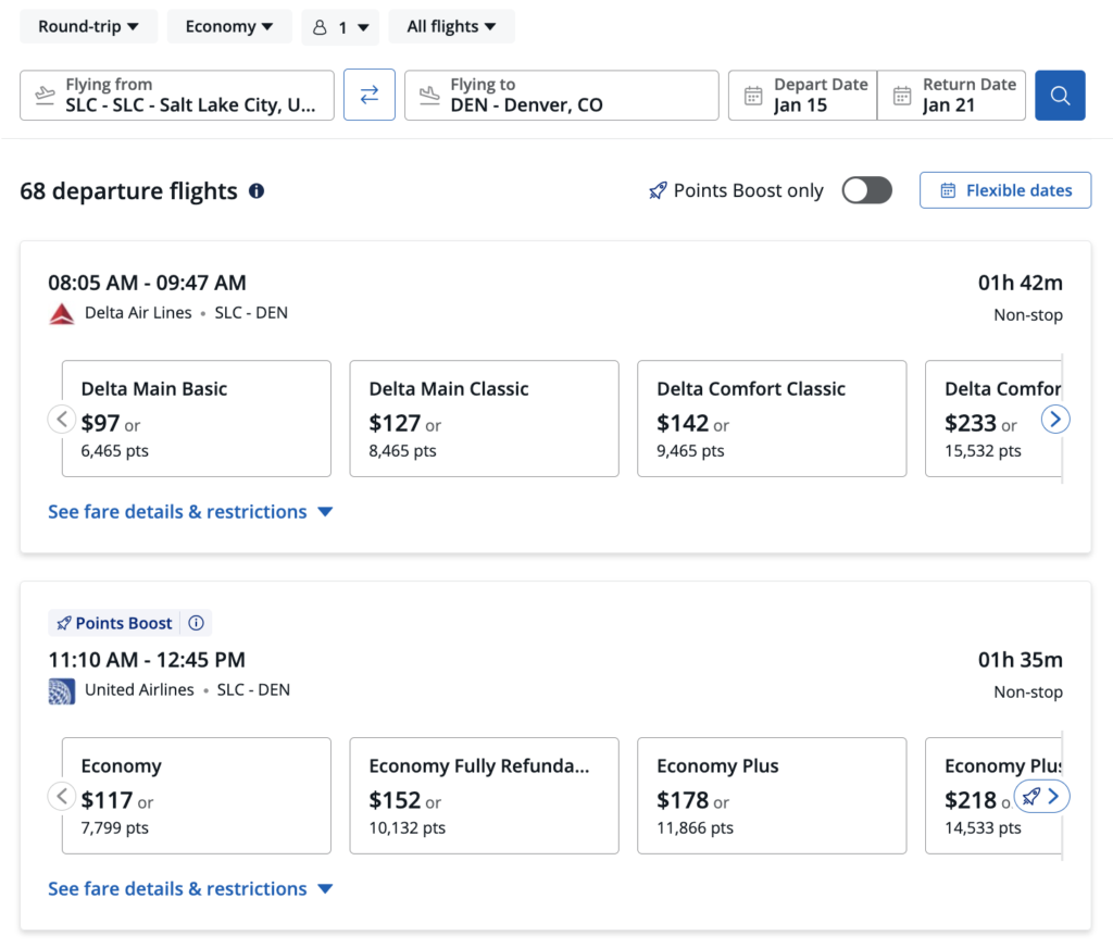 Chase Travel flight search results showing Delta and United Airlines fares from Salt Lake City to Denver with cash and points options.