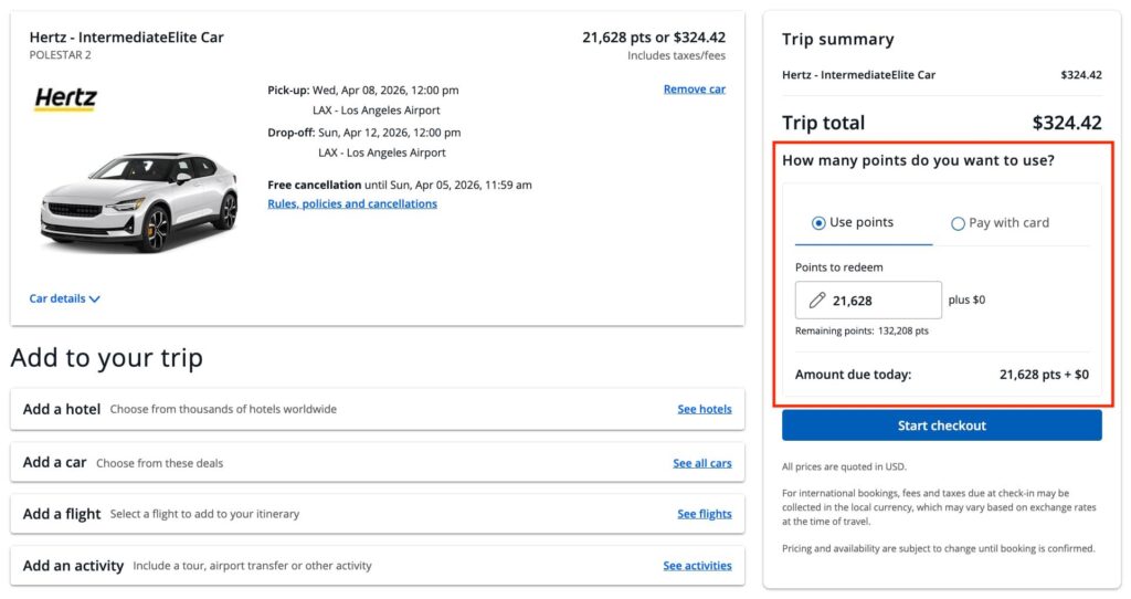 Chase Travel checkout screen showing Hertz car rental booking for a Polestar 2 at Los Angeles Airport with option to pay 21,628 points or $324.