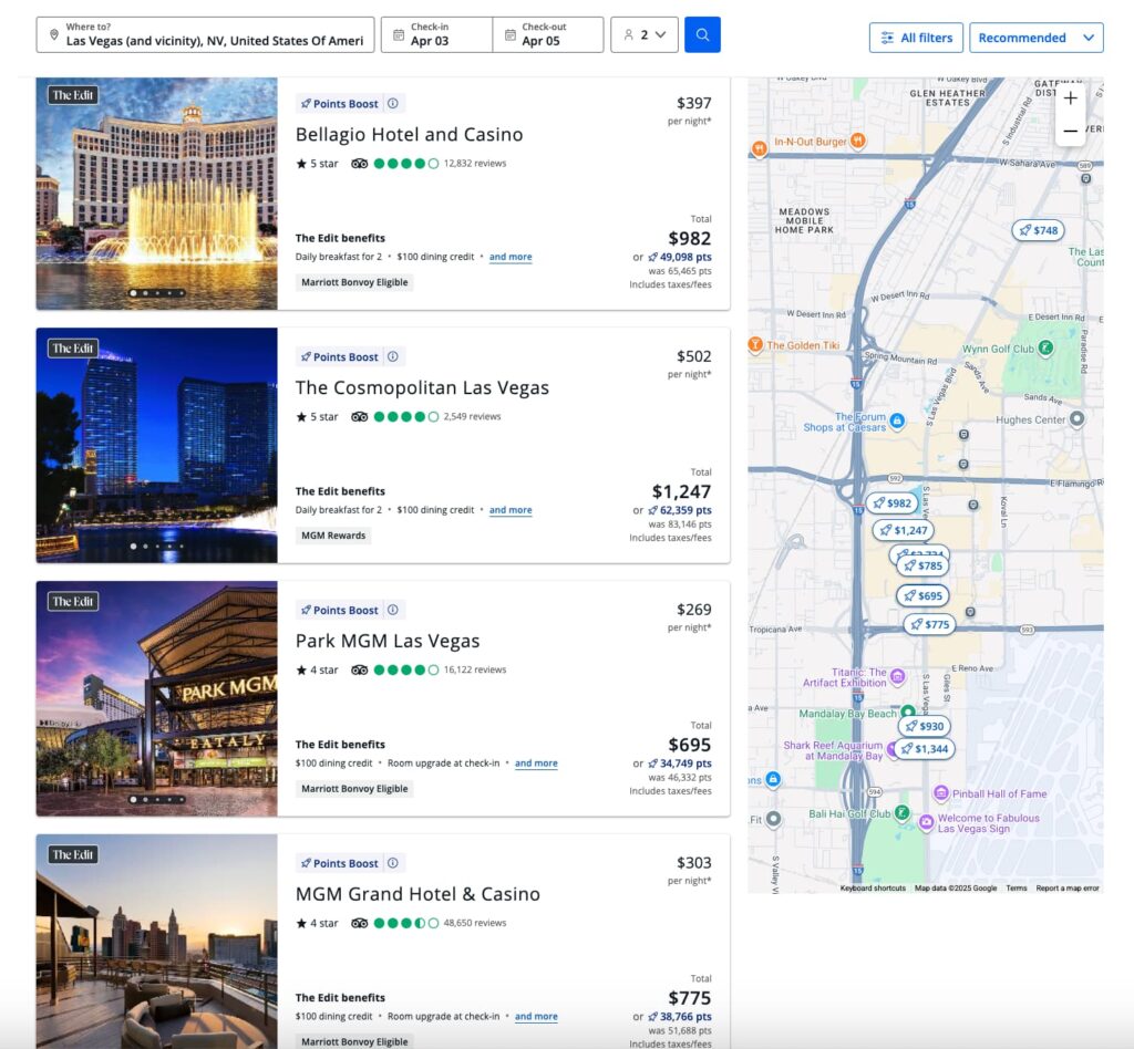 Chase Travel hotel search results showing Las Vegas listings including Bellagio, Cosmopolitan, and MGM Grand with prices, reward points, and map view.