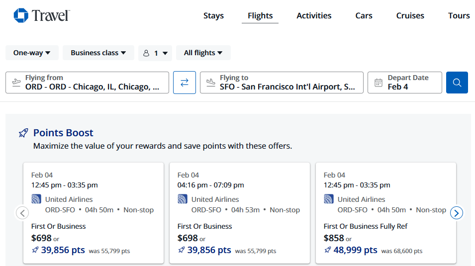 Chase Travel Points Boost page showing United Airlines nonstop business class flight options from Chicago ORD to San Francisco SFO with fare and points redemption amounts displayed.