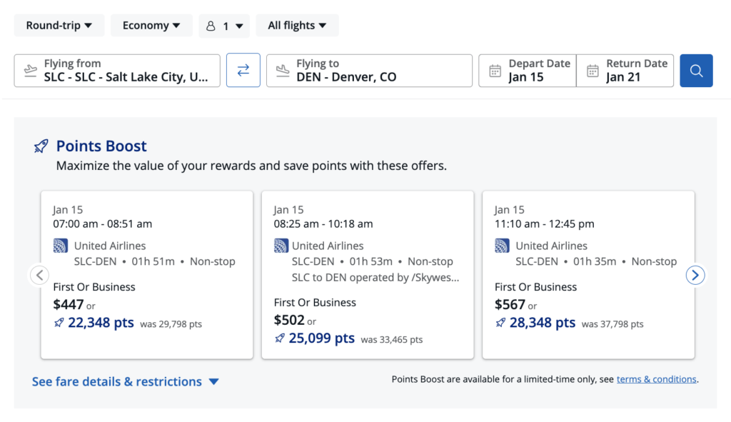 Chase Travel Points Boost flight options from Salt Lake City to Denver showing discounted United Airlines first or business class fares using points.