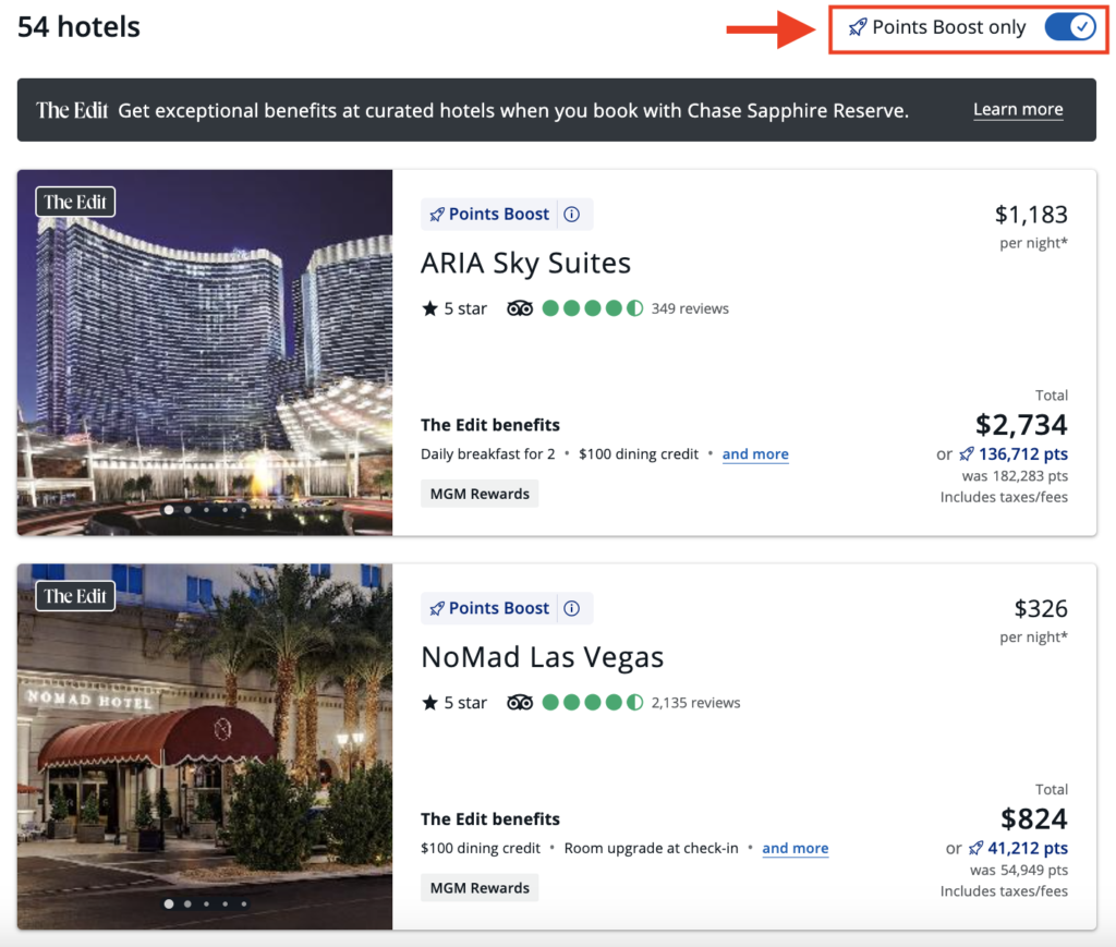 Chase Travel search results showing Points Boost hotels in Las Vegas including ARIA Sky Suites and NoMad Las Vegas with Sapphire Reserve benefits.
