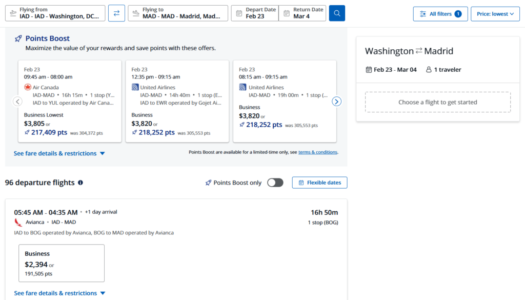 Chase Travel showing business-class flight options from Washington, DC to Madrid with prices and point costs.
