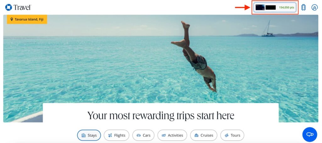 Chase Travel portal showing Tavarua Island, Fiji with user reward points displayed and travel booking options for flights, hotels, and activities.