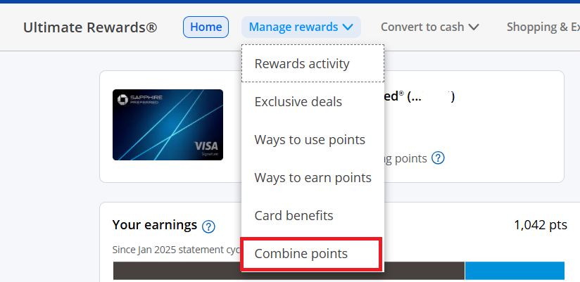 Chase Ultimate Rewards showing the Manage Rewards dropdown menu with the Combine Points option highlighted.