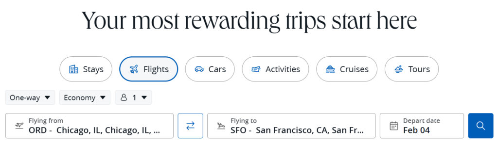Chase Ultimate Rewards travel portal showing a flight search from Chicago to San Francisco with options for stays, flights, cars, activities, cruises, and tours.
