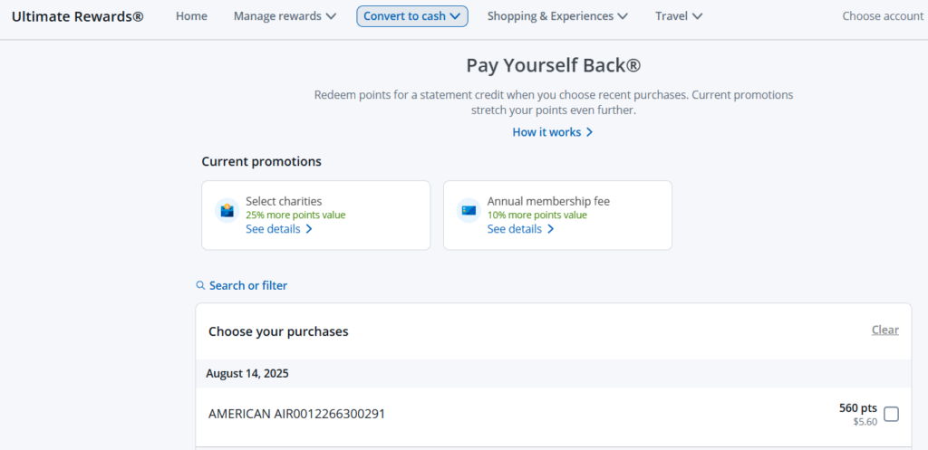 Chase Ultimate Rewards Pay Yourself Back dashboard showing option to redeem points for statement credit.