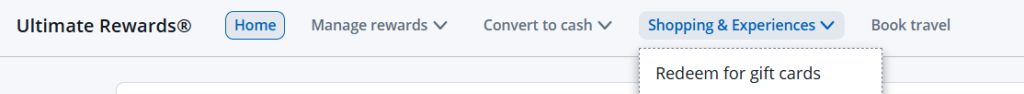 Chase Ultimate Rewards menu showing the Shopping & Experiences dropdown with the option to redeem points for gift cards.
