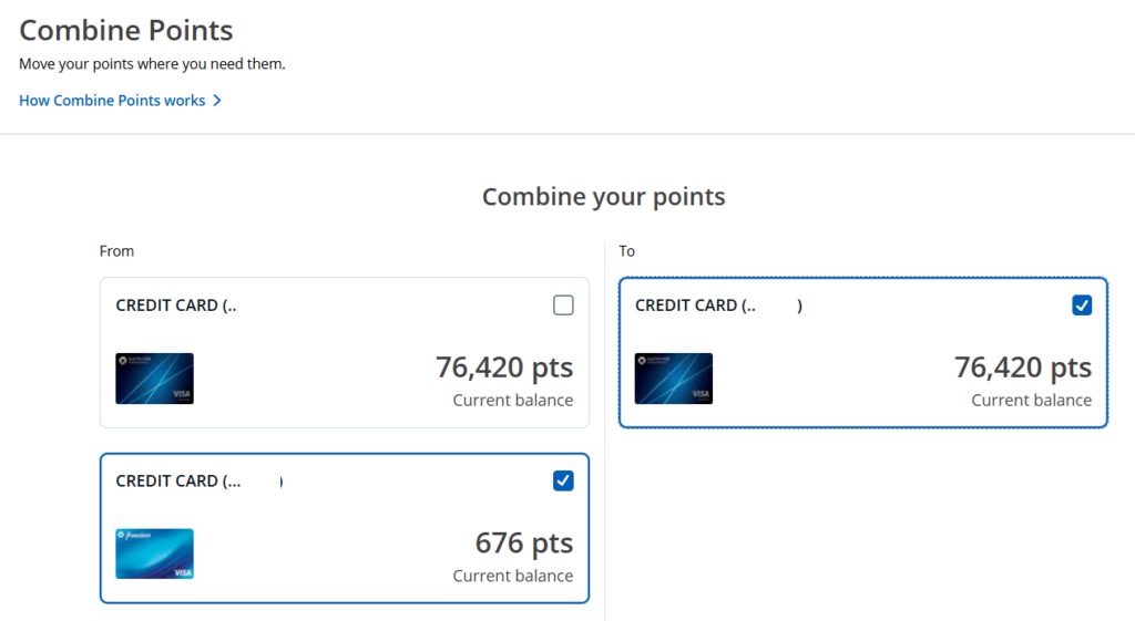 Chase Ultimate Rewards Combine Points page showing point balances and selected cards for transferring points.