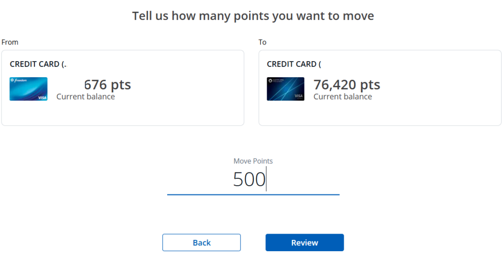Chase Ultimate Rewards screen showing point transfer amount field between two credit cards.