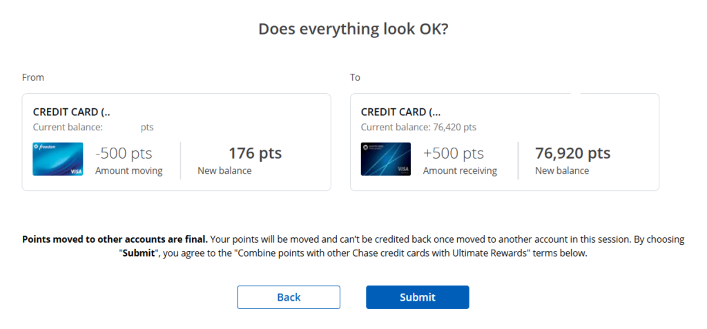 Chase Ultimate Rewards transfer confirmation showing points moving from one credit card to another.