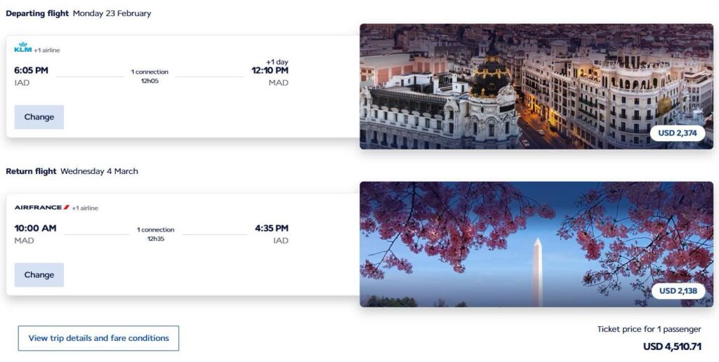 Cash fare comparison for the same IAD to Madrid itinerary priced over $4,500.