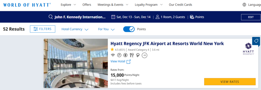 Search results screen on World of Hyatt showing Hyatt Regency JFK Airport available for 15,000 points per night with option to view rates.
