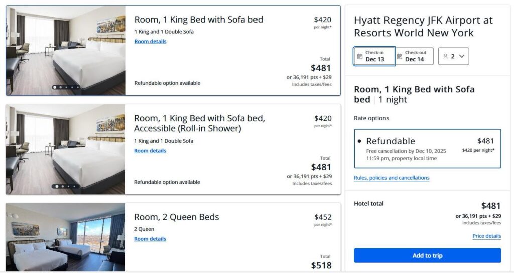 Hotel booking screen showing refundable room with one king bed and sofa bed at Hyatt Regency JFK using points or cash for one night.