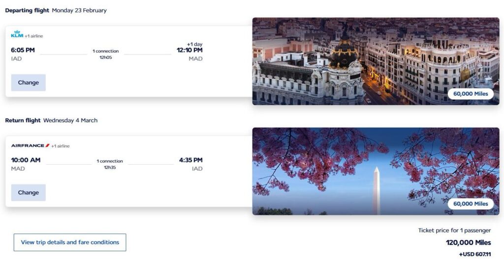 Award flight booking screen showing IAD to Madrid itinerary priced at 120,000 miles + taxes.