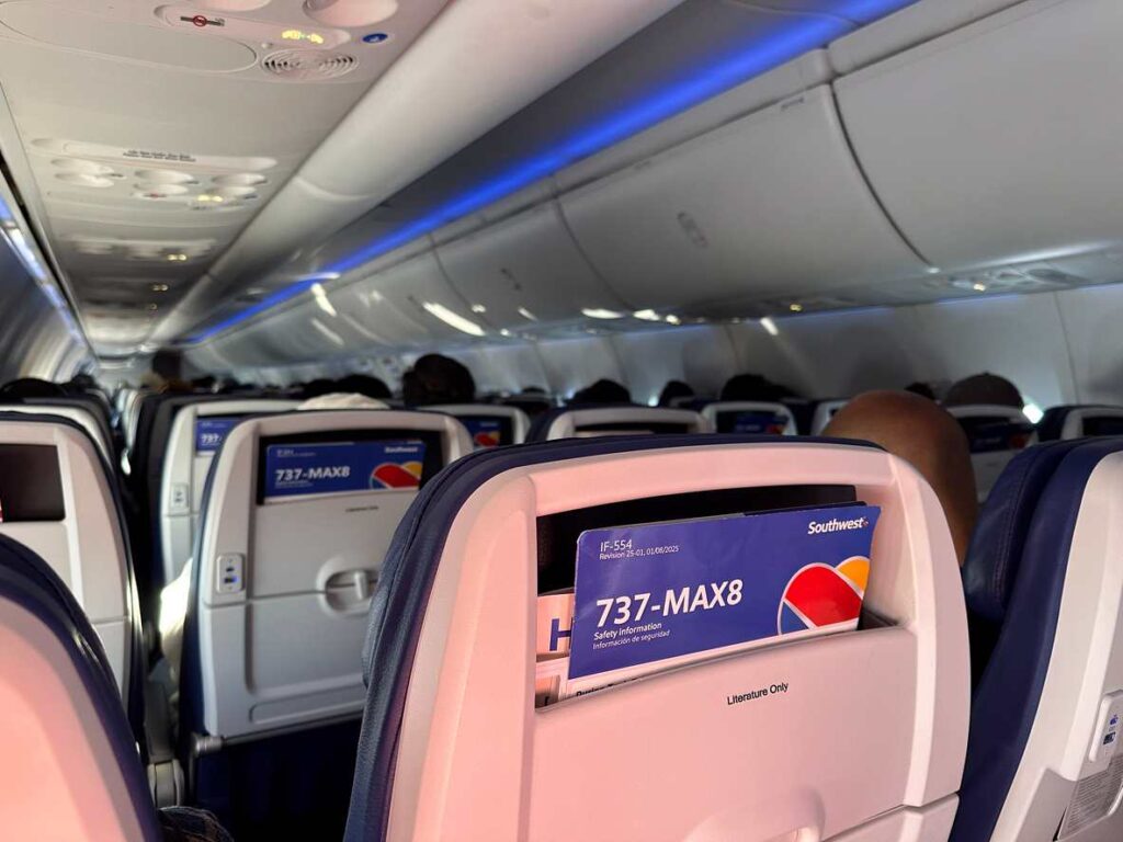 Inside view of a Southwest Airlines Boeing 737 MAX 8 aircraft cabin