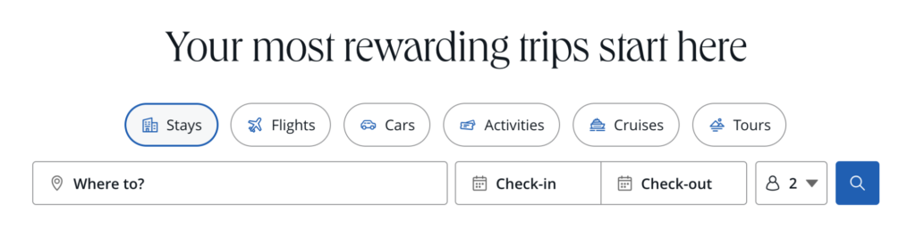 Travel booking interface showing options for stays, flights, cars, activities, cruises, and tours with search and date filters.