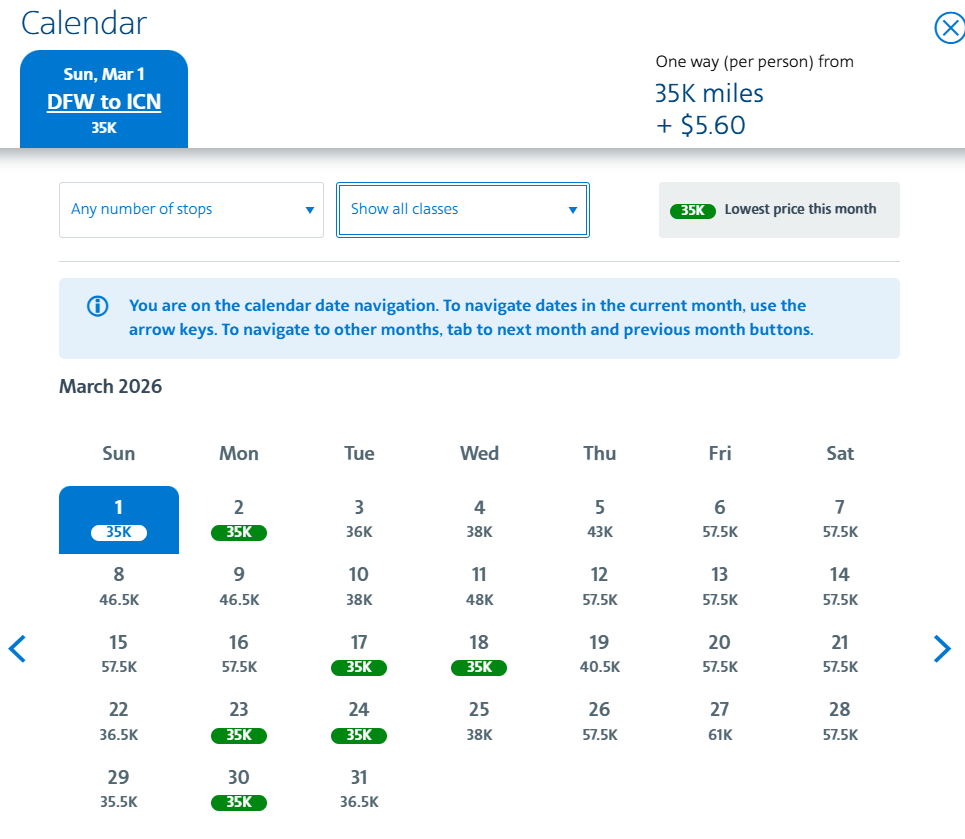American Airlines award calendar for March 2026 showing multiple dates from Dallas to Seoul starting at 35,000 miles.
