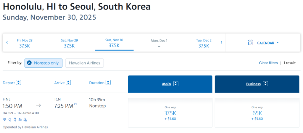 American Airlines award search showing Honolulu to Seoul on November 30, 2025 with a nonstop Hawaiian Airlines flight priced at 37.5K miles in Main Cabin.