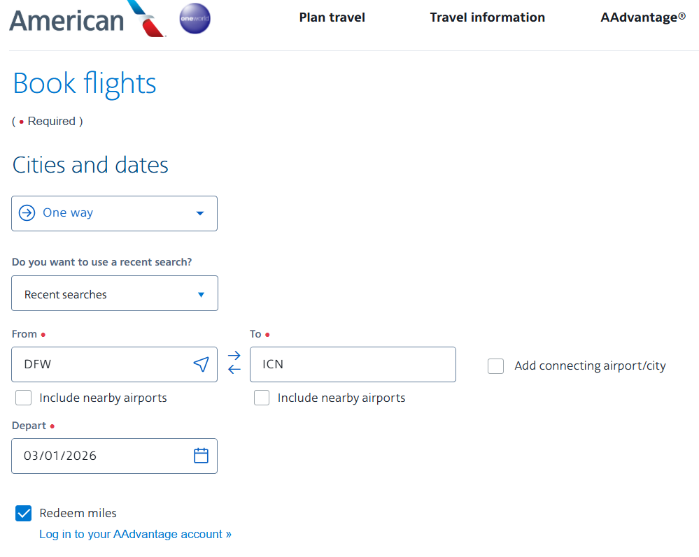 American Airlines booking page showing DFW to ICN search with redeem miles option selected