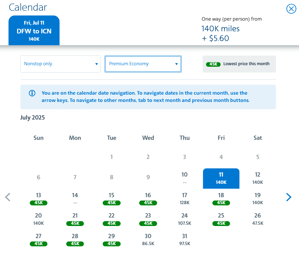American Airlines premium economy award calendar for July 2025 from Dallas to Seoul showing 45,000-mile dates and a highlighted 140,000-mile option.