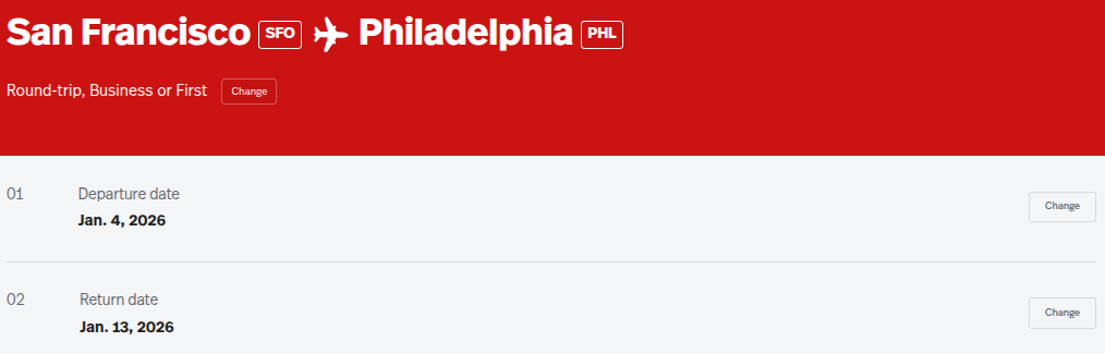San Francisco to Philadelphia round-trip business or first class with departure on January 4, 2026, and return on January 13, 2026.