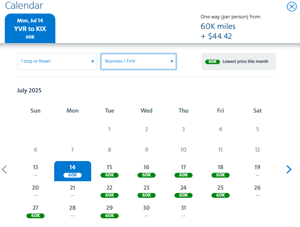 Award calendar showing Vancouver to Osaka business class availability for 60,000 miles on selected July 2025 dates.