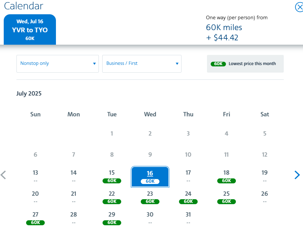Award calendar showing Vancouver to Tokyo business class availability for 60,000 miles on selected July 2025 dates.