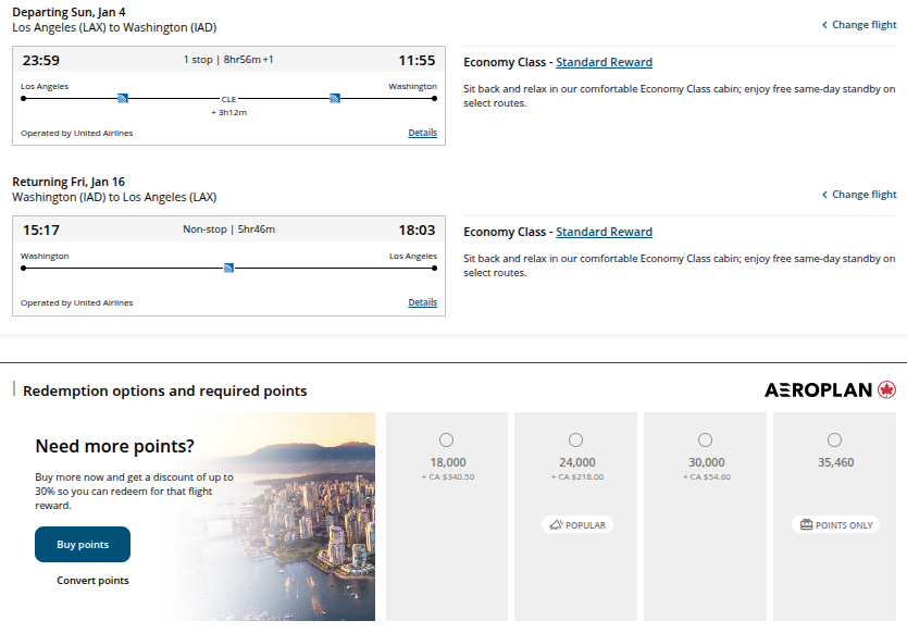 Aeroplan reward flight results for LAX–IAD round-trip in January 2026 showing United-operated flights and redemption options from 18,000 to 35,460 points.