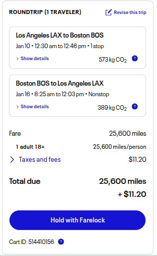 Round-trip award fare summary for Los Angeles to Boston showing 25,600 miles plus $11.20 in taxes for January 2026 travel.