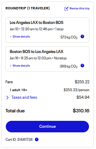Round-trip cash fare summary for Los Angeles to Boston showing total due of $310.16 for January 2026 travel.