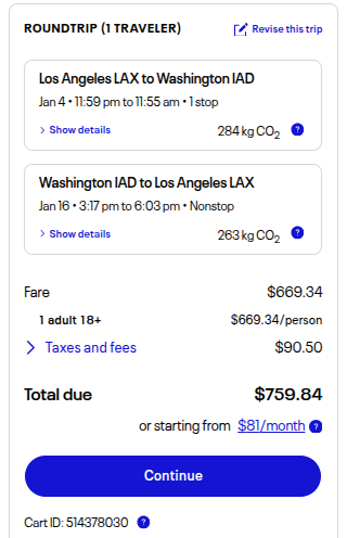 Round-trip flight fare summary for Los Angeles to Washington IAD in January 2026 showing total cost of $759.84 including fare and taxes.