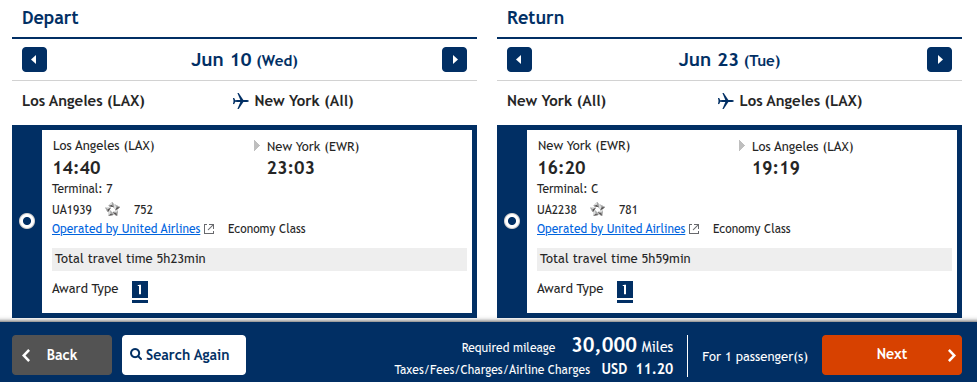 United Airlines award search showing 30,000 miles + $11.20 round-trip from Los Angeles to New York EWR for June 2026 travel.