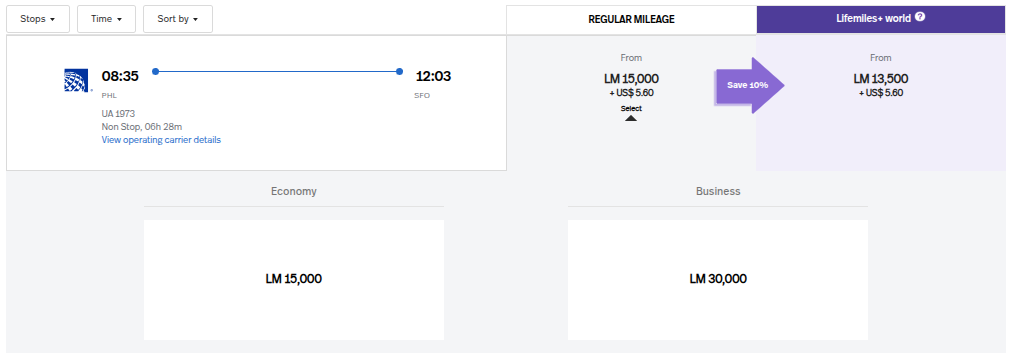 United Airlines PHL to SFO Lifemiles award chart showing 15,000-mile economy, 13,500-mile discounted rate, and 30,000-mile business class option.