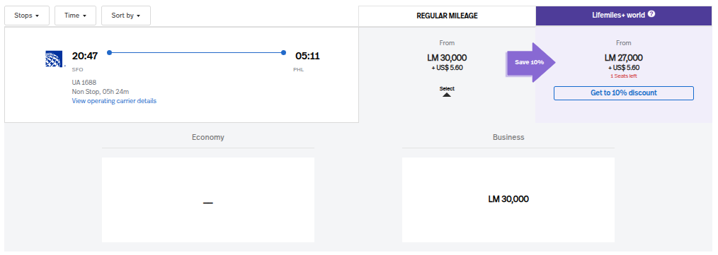 United Airlines SFO to PHL Lifemiles award chart showing 30,000-mile business class option and 27,000-mile discounted option.