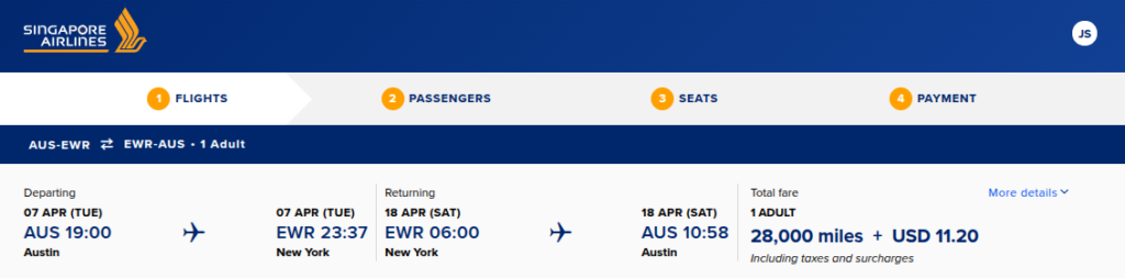 Singapore Airlines KrisFlyer booking showing 28,000 miles plus $11.20 for a round-trip flight from Austin to Newark with travel dates April 7 to April 18.