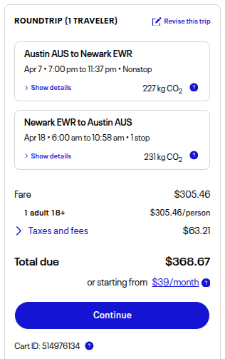 United Airlines cash fare summary showing a round-trip from Austin to Newark for $368.67, including $305.46 fare and $63.21 in taxes and fees, with travel dates April 7 and April 18.