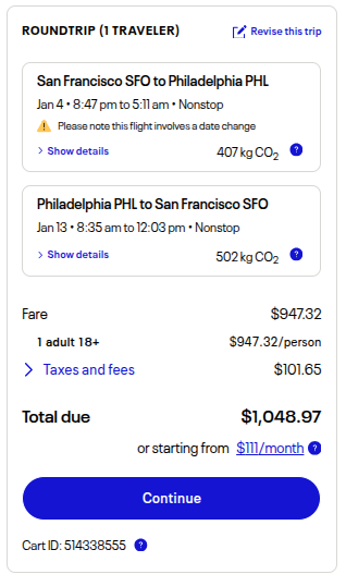 United Airlines SFO–PHL round-trip fare summary showing $947 base fare, $101.65 taxes, and total cost of $1,048.97 for one traveler.