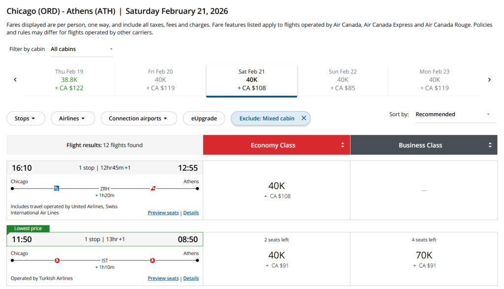 Air Canada Aeroplan award search results showing Chicago to Athens flights starting at 40,000 points plus taxes
