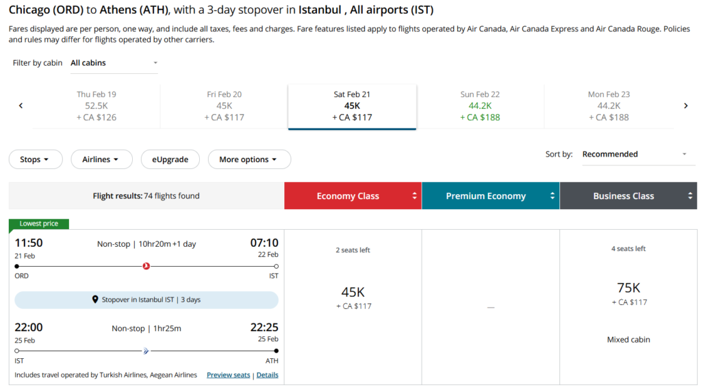 Air Canada Aeroplan award search showing Chicago to Athens itinerary with a 3-day Istanbul stopover pricing at 45,000 points plus taxes
