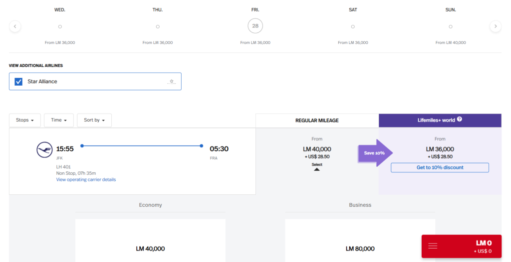 Avianca LifeMiles award search showing Lufthansa nonstop flight from JFK to Frankfurt discounted to 36,000 LifeMiles plus taxes
