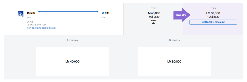 Avianca LifeMiles award search showing United nonstop flight from Newark to Frankfurt available for 36,000 miles plus taxes after discount