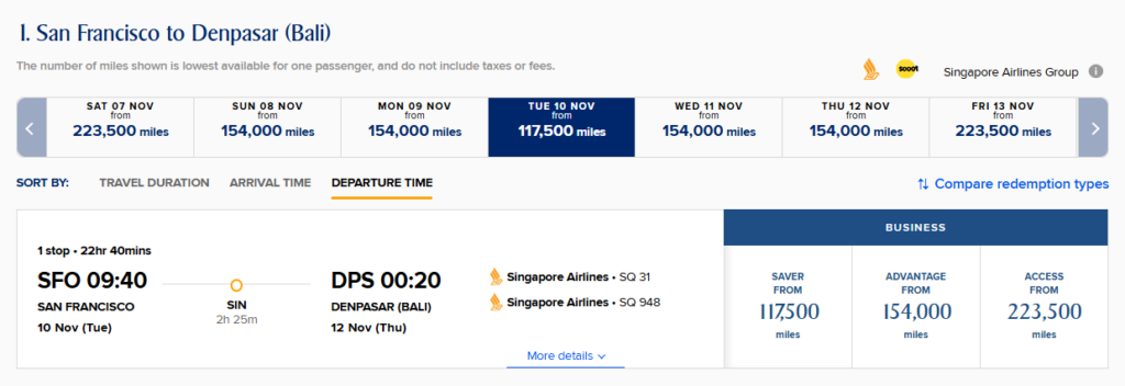 Singapore Airlines KrisFlyer award search showing San Francisco to Bali business class saver availability for 117,500 miles via Singapore
